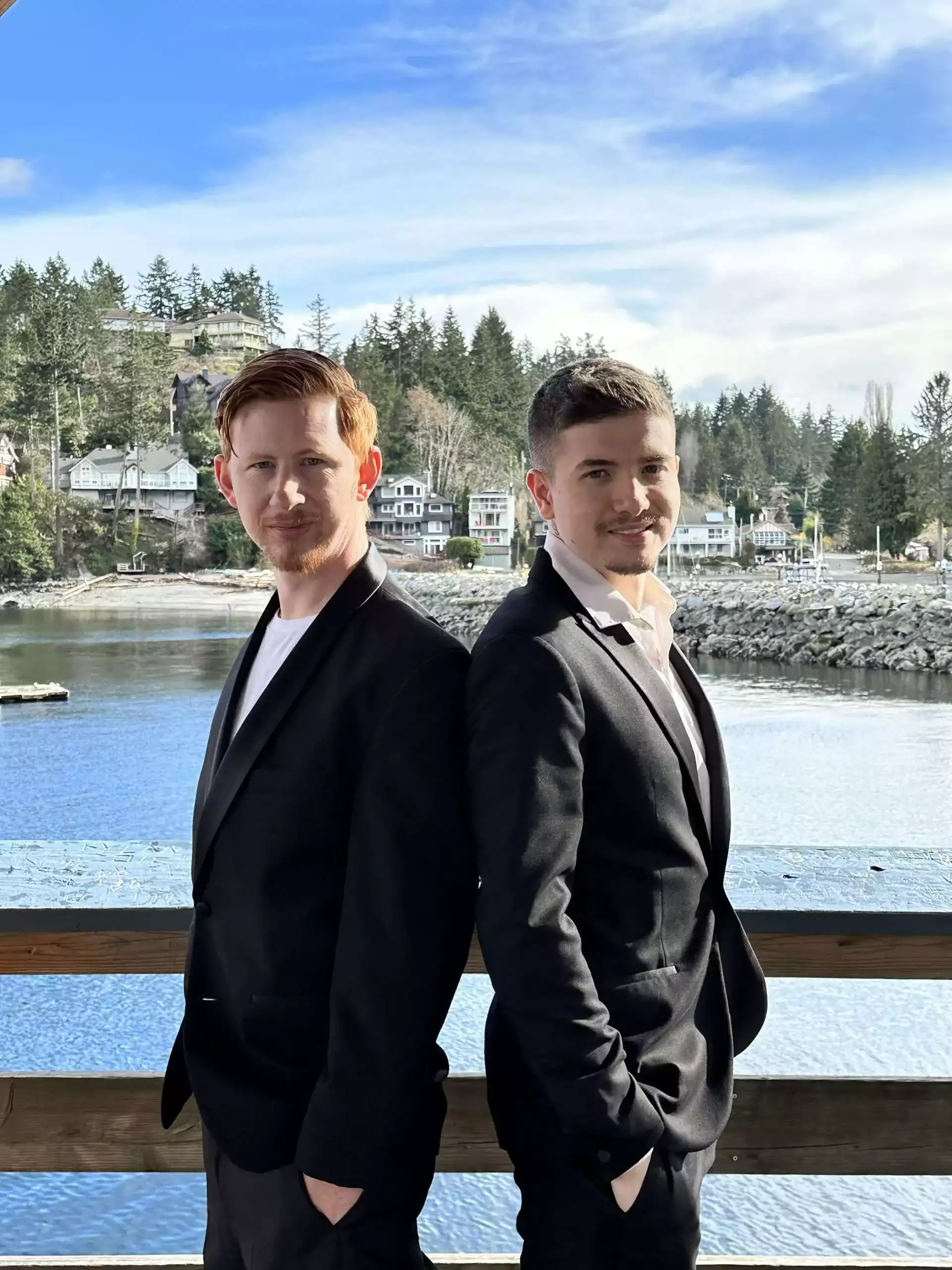 Alejandro Calle, Founder, and Tadhg Gunnigle, Co-Founder of Tech in a Tux, on the Pier in Lower Gibsons, BC.